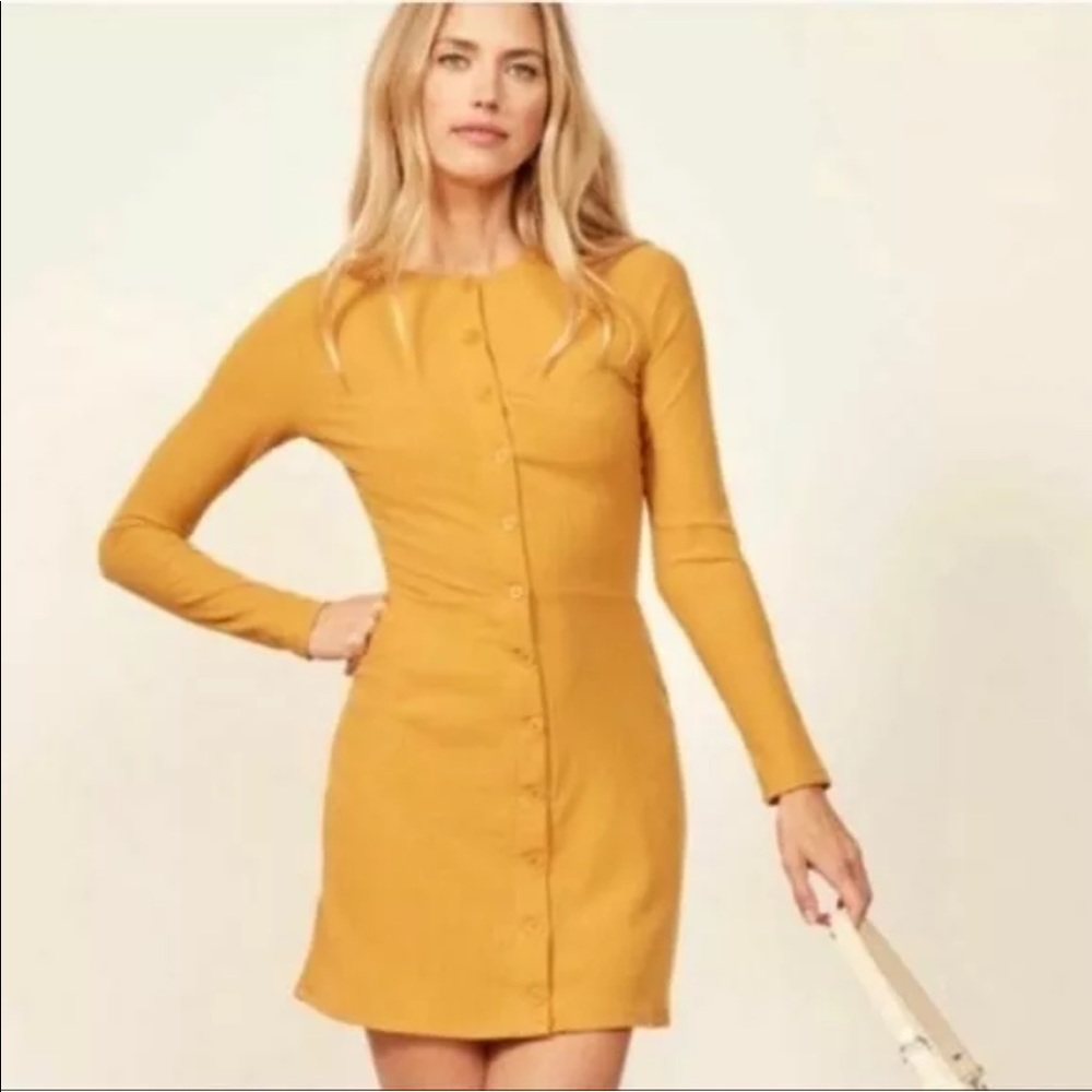 Aida ribbed mustard reformation long sleeve dress